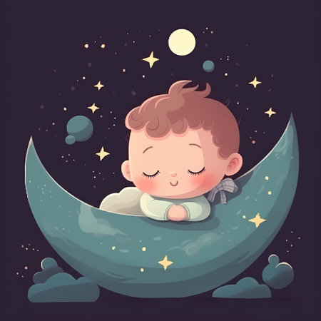 Cute little boy sleeping on the moon. Cartoon vector illustration.の素材