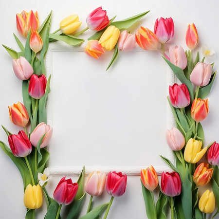 Frame made of tulips on white background. Flat lay, top viewの素材