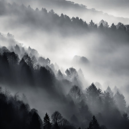 Mysterious foggy landscape in the Carpathian mountains.の素材