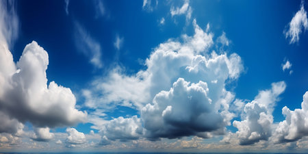 Blue sky background with tiny clouds. Cumulus white clouds. Panoramic pictureの素材