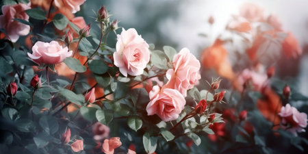 Blooming beautiful colorful roses in garden on spring time for postcard beauty and agriculture concept designの素材