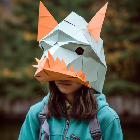 Cute little girl wearing origami fox mask in autumn park.の素材