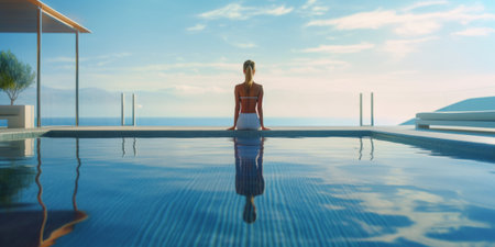 Woman standing in swimming pool at sunset. Rear view. 3d renderingの素材