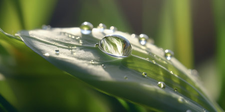 Water droplets on a green leaf. Macro photography of nature.の素材