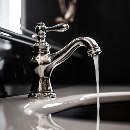 Faucet with flowing water, close-up, selective focusの素材