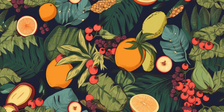 Seamless pattern with tropical fruits and plants. Vector illustration.の素材