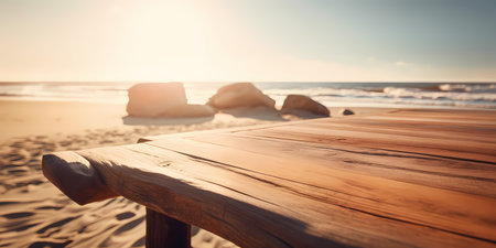 Wooden table and chair on the beach at sunset or sunrise.の素材