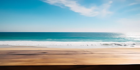 Wooden table top on blur tropical beach background - can be used for display or montage your productsの素材