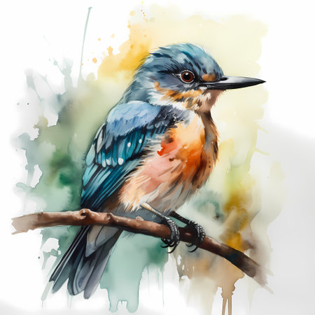 Watercolor painting of a bird on a branch. Hand drawn illustration.の素材