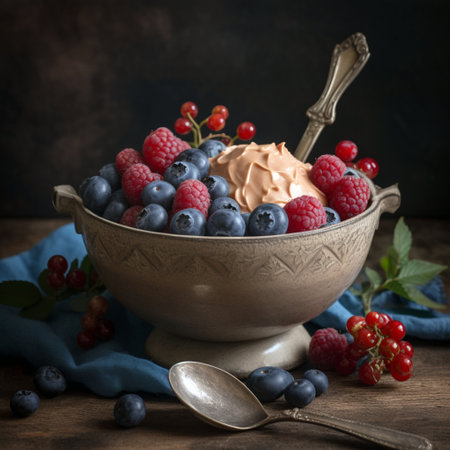 Mixed berries in a bowl with peanut butter on a dark backgroundの素材