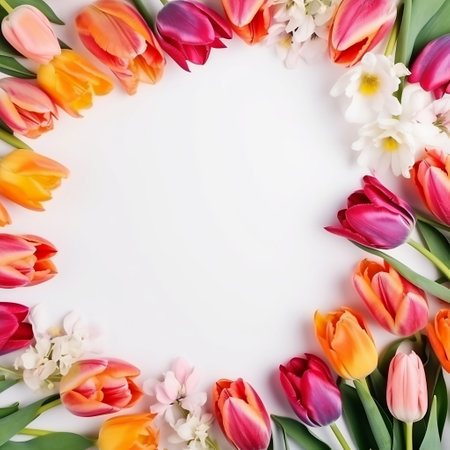 Frame made of tulips and daffodils on white backgroundの素材