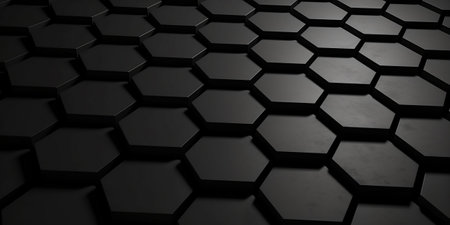 Abstract black hexagon background. 3d render illustration of hexagon backgroundの素材