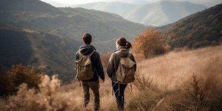 Back view of young couple with backpacks walking in the mountains.の素材