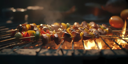 Barbeque on the grill. Shish kebab on skewersの素材