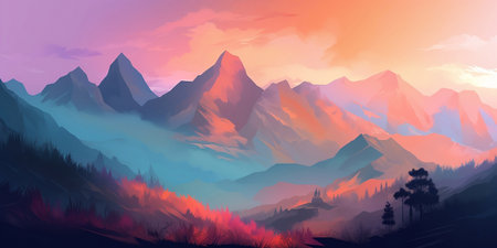 Mountain landscape. Sunset in the mountains. Colorful vector illustration.の素材