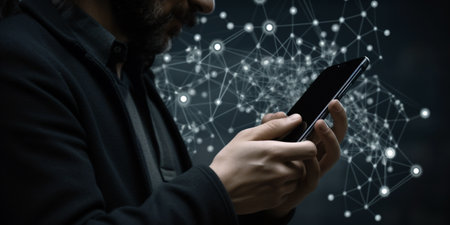 Close up of man using mobile phone with network connection on dark backgroundの素材
