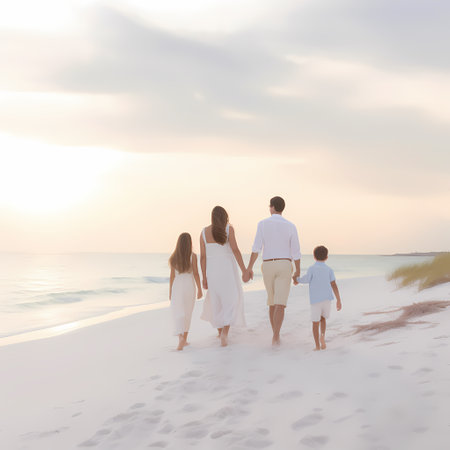 Back view of happy family holding hands and walking on sandy beach during sunsetの素材