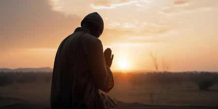 Silhouette of muslim man praying in the desert at sunsetの素材