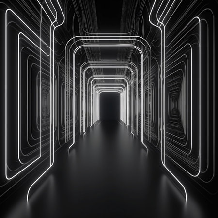 Abstract dark corridor with glowing neon lights, 3d render illustration.の素材
