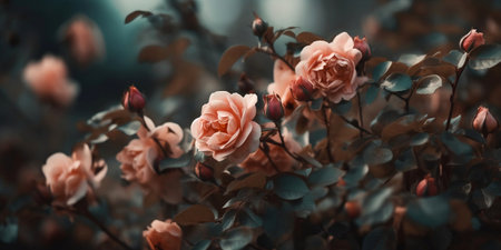 Beautiful pink roses in the garden. Vintage-style. Selective focus.の素材
