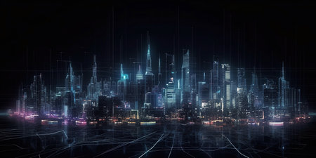 Futuristic city with glowing lines and grid. 3d renderingの素材