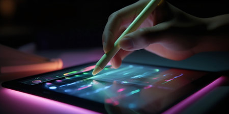Close up of human hand drawing on tablet computer screen with stylusの素材