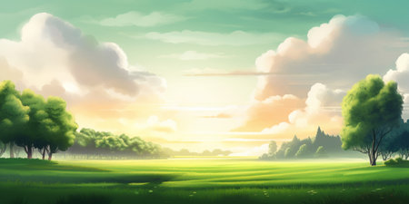 Green meadow with trees and clouds in the sky. Vector illustration.の素材