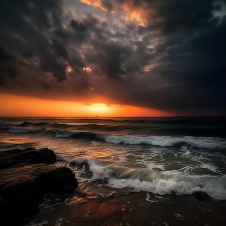Beautiful seascape. Sunset over the sea. Dramatic sky.の素材