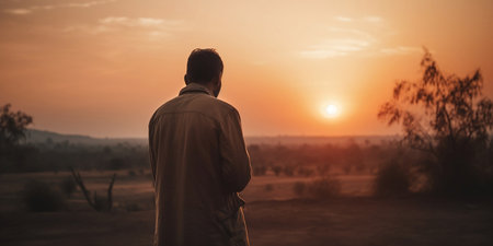 Back view of a man standing in the middle of the desert at sunsetの素材