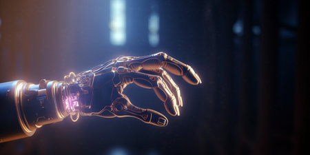 3d rendering of a robot hand holding a glowing light bulb.の素材