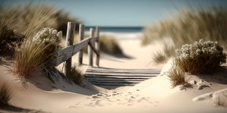 Wooden bridge on sand dunes at the beach, panoramaの素材