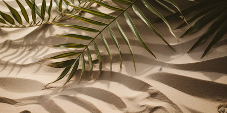 Palm leaves on the sand. Tropical background. Copy-space.の素材