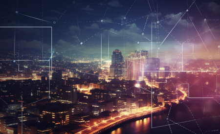 Double exposure of modern cityscape and network interface. Technology concept.の素材