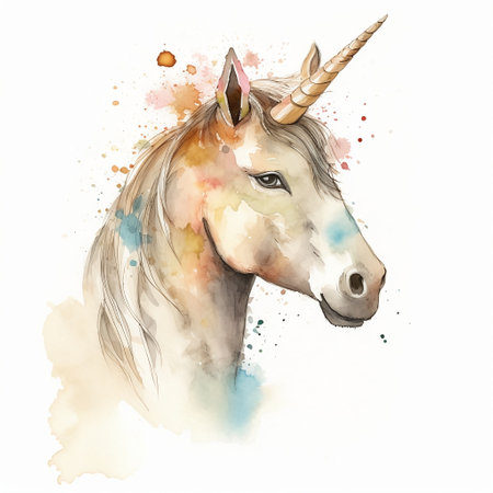 Watercolor portrait of a unicorn. Hand drawn illustration isolated on white backgroundの素材