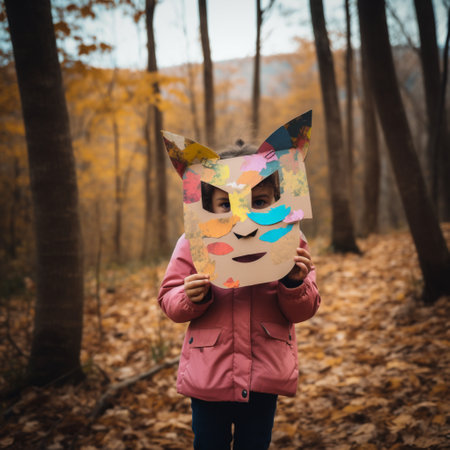 little girl holding a paper mask with a smiley face in the autumn forestの素材