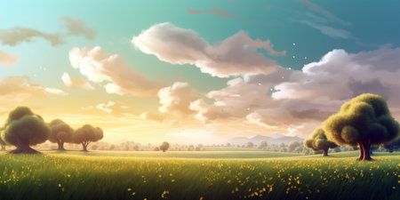 Sunset in the meadow. 3d render. nature backgroundの素材