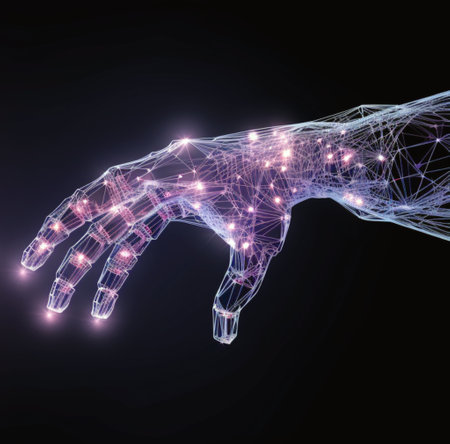 3d rendering of human hand with glowing hologram on dark backgroundの素材