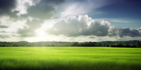 Green rice field and blue sky with white clouds. Nature background.の素材