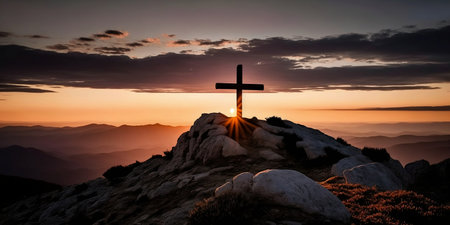 Cross on the top of the mountain at sunset. Concept image.の素材