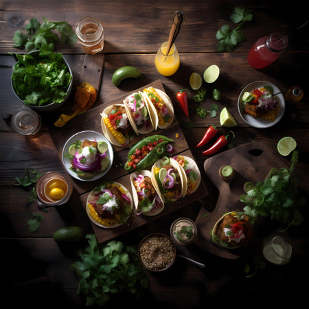 Mexican tacos with beef, vegetables and guacamole on wooden backgroundの素材