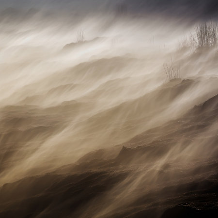 Foggy landscape with a river flowing through it. Long exposureの素材
