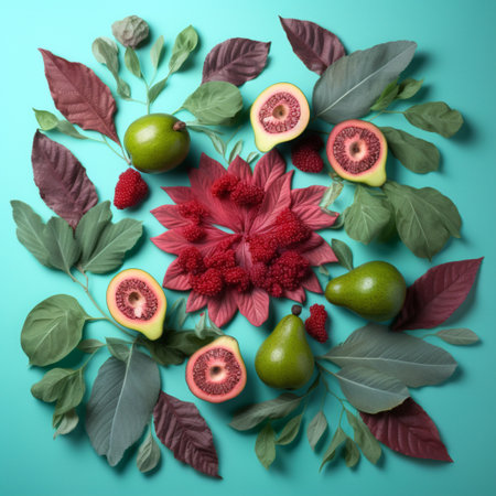 Flat lay composition with fruits and leaves on turquoise backgroundの素材