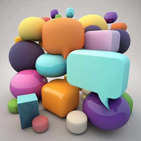 3d illustration of colorful speech bubbles and cubes over gray background.の素材