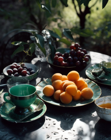 Cup of tea with fresh apricots and grapes on tableの素材