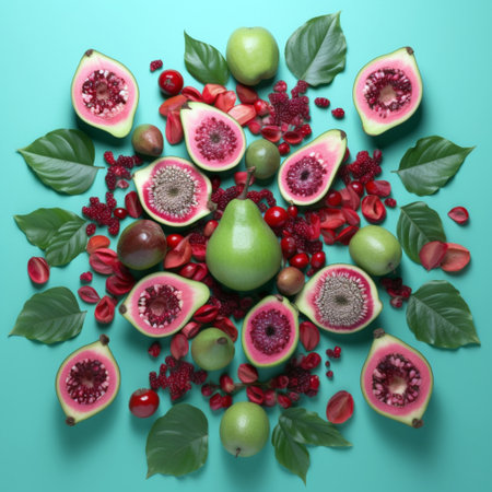 Fruits and leaves on turquoise background, flat lay. healthy foodの素材