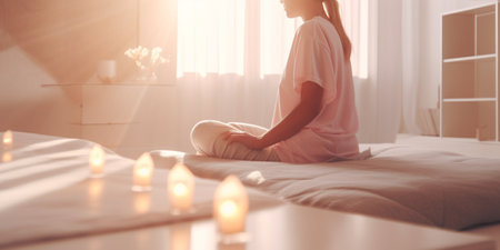 Relaxed young woman meditating on the bed in the morningの素材