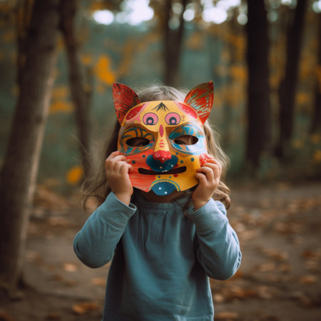 Little girl in a carnival mask on the background of autumn forestの素材
