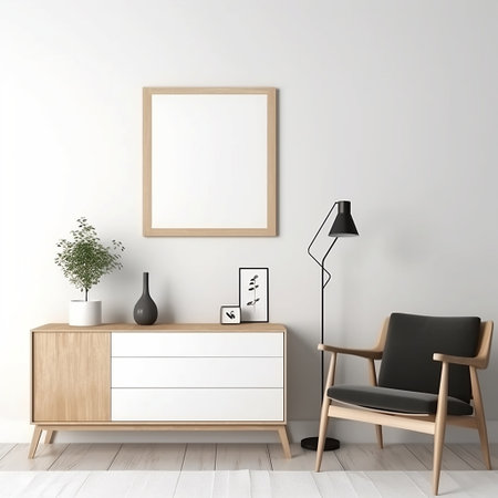 Mock up poster frame in interior background. 3d render illustrationの素材