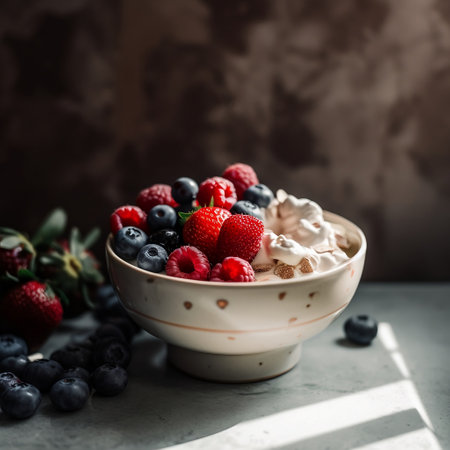 Fresh summer berries in a bowl with whipped cream. Selective focus.の素材