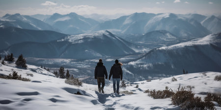 Man and woman walking on snowy mountain trail. Winter landscape with snow covered mountains.の素材